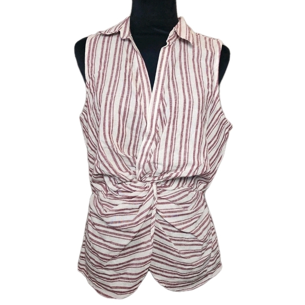 Harve Benard Women's M Linen Top Red Stripe Sleeveless Popover V Neck Twist NWT